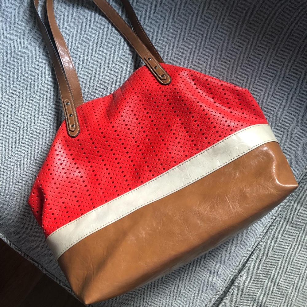 Deep coral & Tan Handbag Satchel Fashion Purse